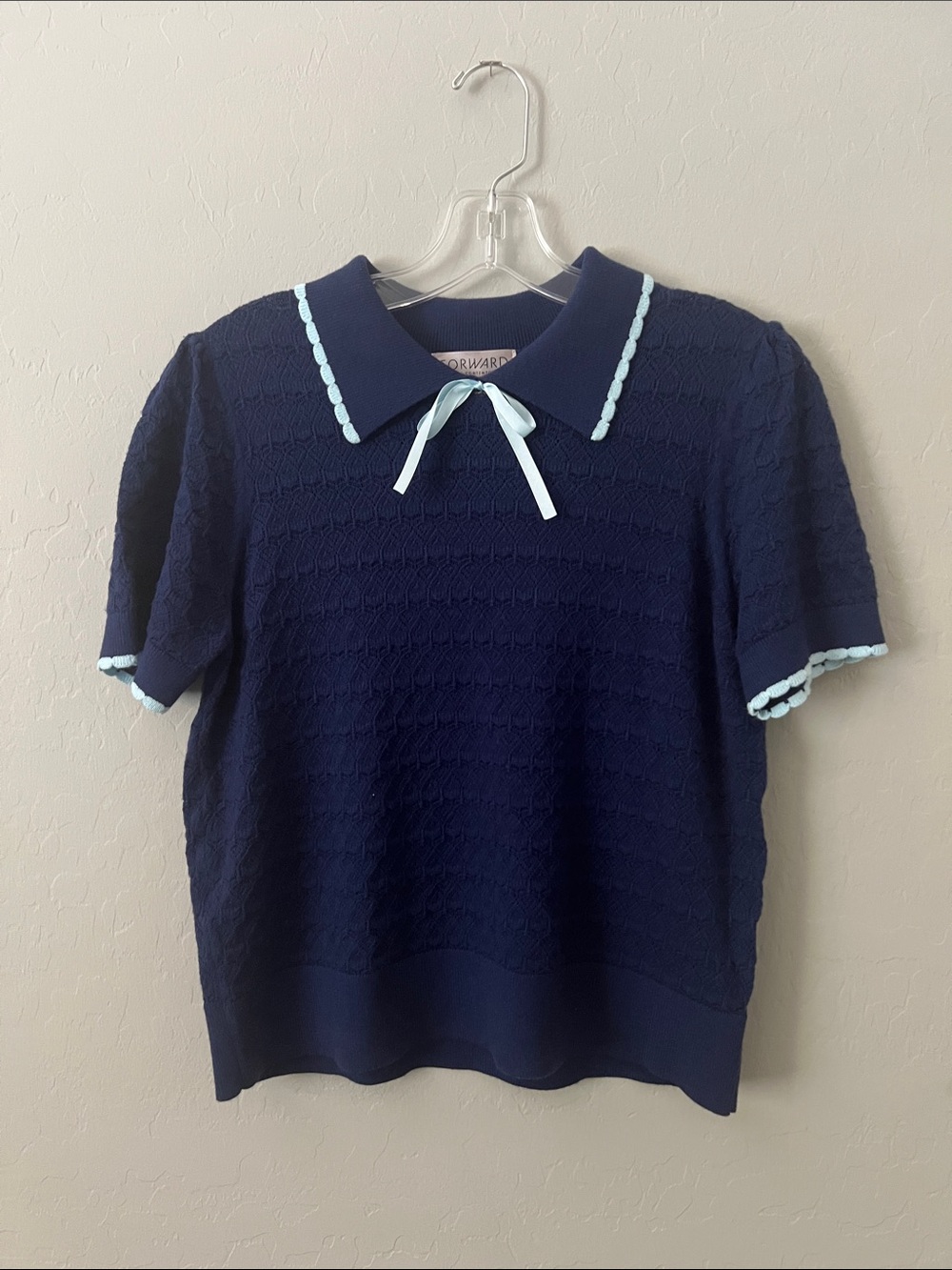 Navy Knit Peter Pan Collar Top with Light Blue Trim